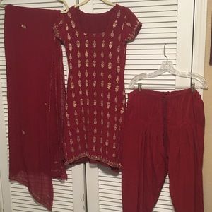 Deep red and gold salwar 3-pc